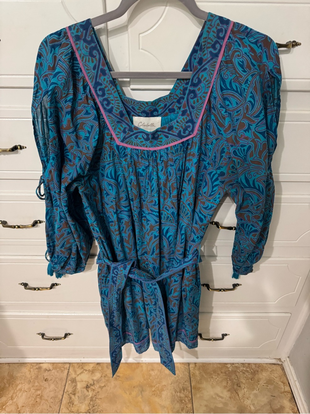 Cleobella Teal & Pink Paisley Long-Sleeve Belted Dress